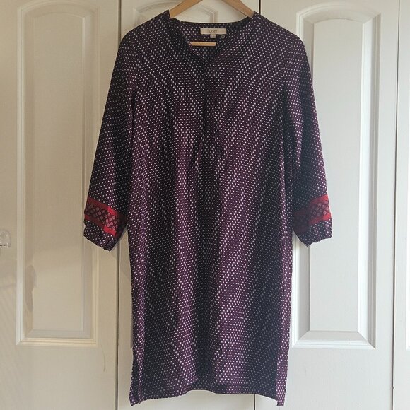 LOFT Size M Dress Burgundy and Blue Boho Shift Dress Autumn Chi Fall Essential! - Picture 1 of 12